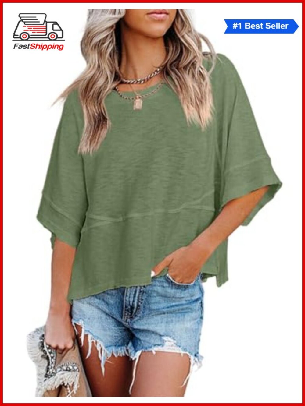 Sovelen Women's 3/4 Sleeve Crewneck Tunic Tee Loose Fit Soft Summer Top